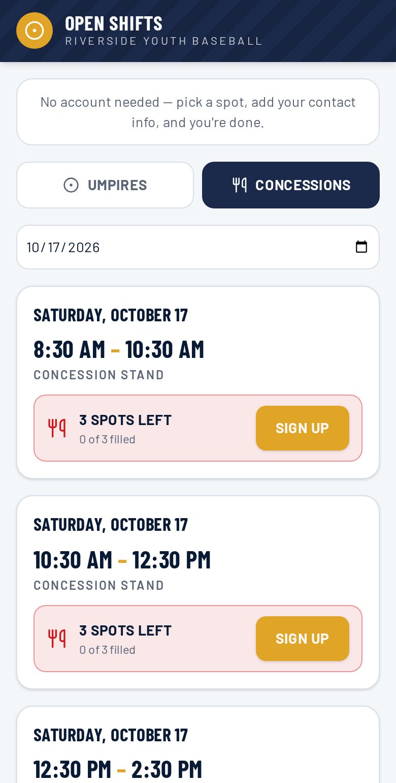 Concession stand shifts with the number of spots left in each