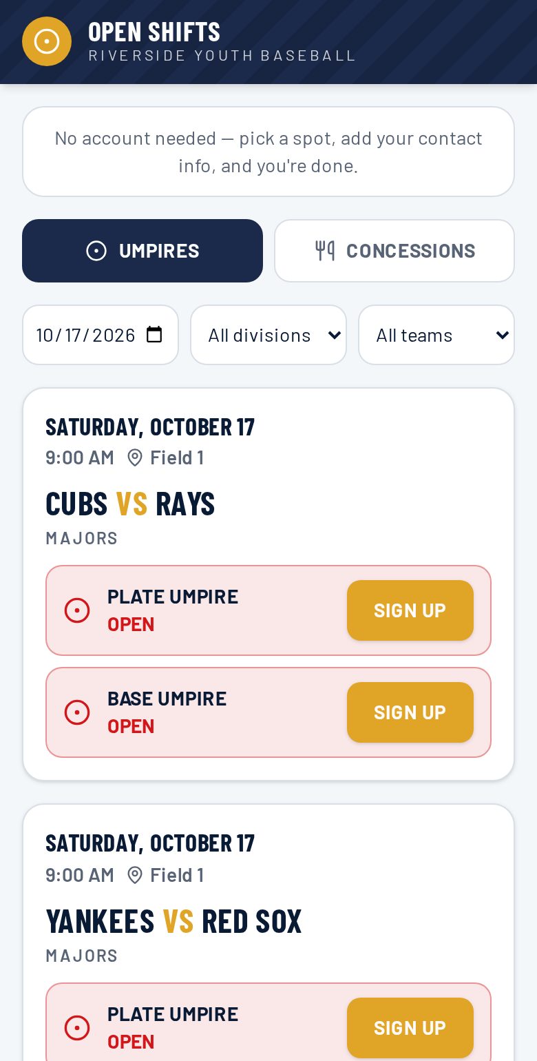 Open plate and base umpire spots for Saturday games, filtered by date